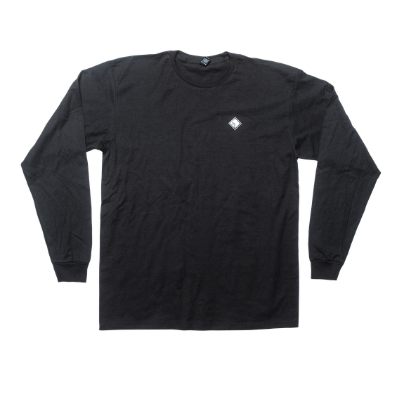 Front View of Black Long Sleeve Shirt w/ White Diamond R Rubber Patch