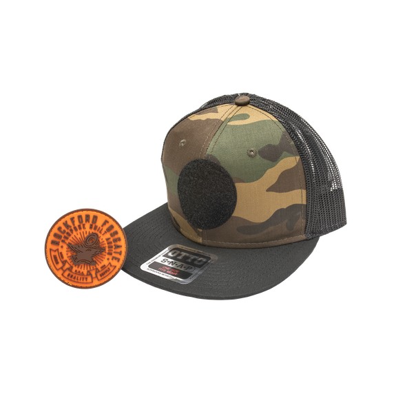 Three Quarter VIew of Camo Anvil Hat with Removable Velcro Patch