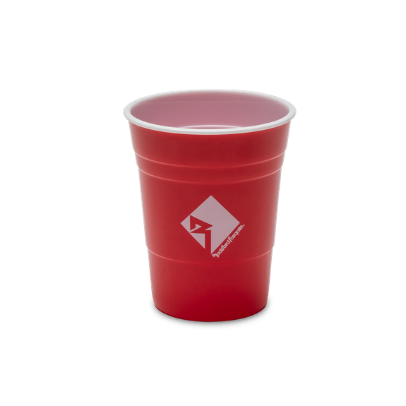 Front View of Red Party Cup with Rockford Fosgate Diamond-R Logo