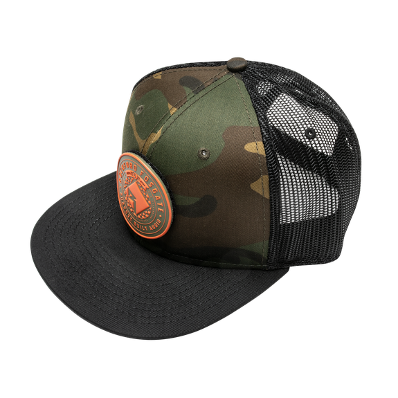 Three Quarter Beauty Shot of Camo Rockford Fosgate Snapback Hat with RF Rubber Patch