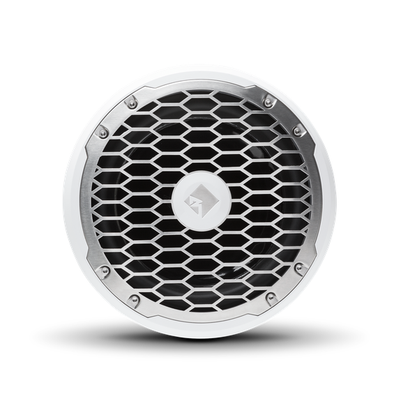Front View of Subwoofer with White Trim Ring and Stainless Steel Grille