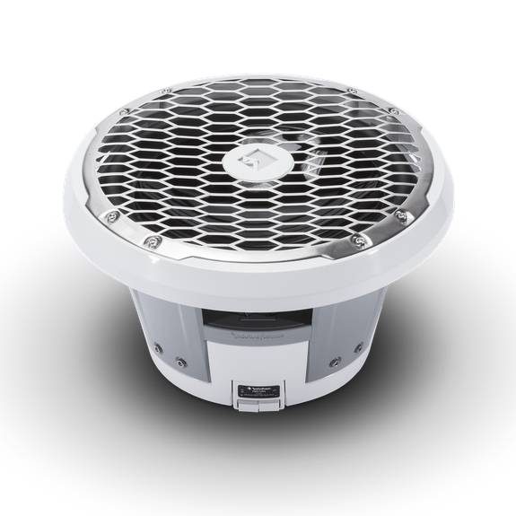 Profile View of Subwoofer with White Trim Ring and Stainless Steel Grille