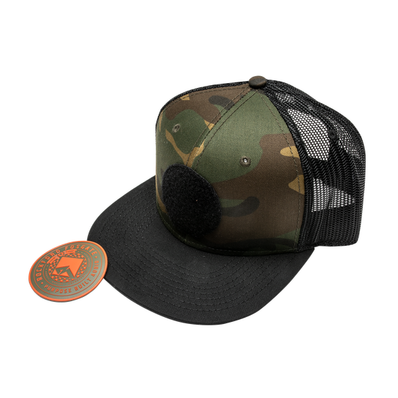 Three Quarter Beauty Shot of Camo Rockford Fosgate Snapback Hat with RF Rubber Patch Removed
