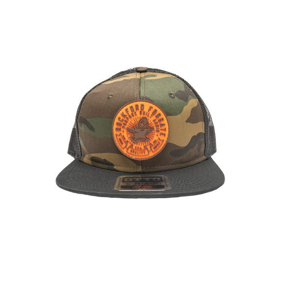 Front VIew of Camo Anvil Hat Featuring Orange Patch