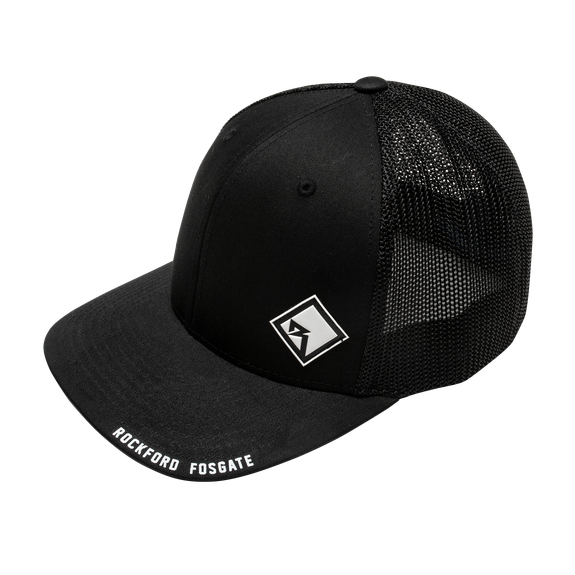 Three Quarter Beauty Shot of Black Rockford Fosgate Hat with White Rubber Diamond R Patch