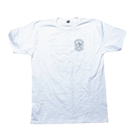 Front View of White Rockford Fosgate T-Shirt with Purpose Built Graphic