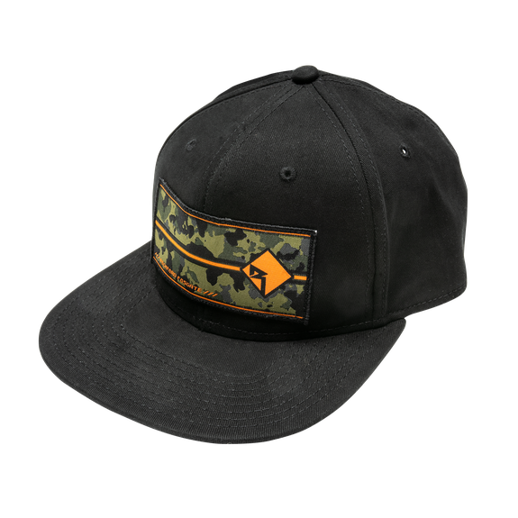 Back Side View of Black Rockford Fosgate Hat with Camo RF Graphic