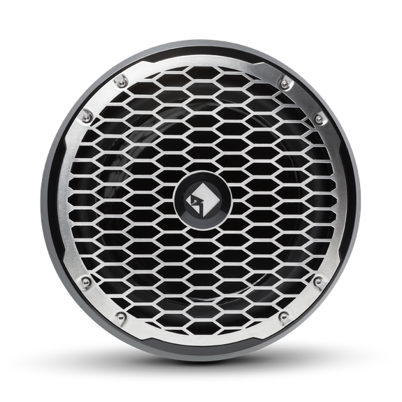 Front View of Subwoofer with Black Trim Ring and Stainless Steel Grille