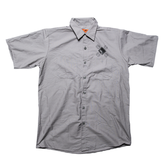 Front Side View of Charcoal Button Down Camp Shirt with White RF Graphic