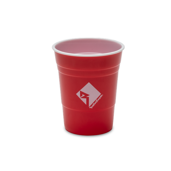 Front View of Red Party Cup with Rockford Fosgate Diamond-R Logo