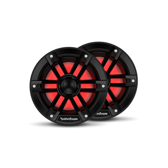 Front View of Speakers with Black Grilles